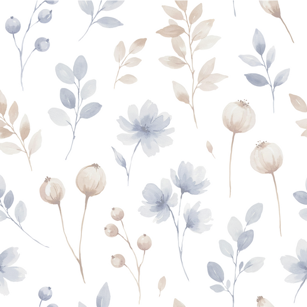 Floral pattern with light blue and beige flowers on a white background