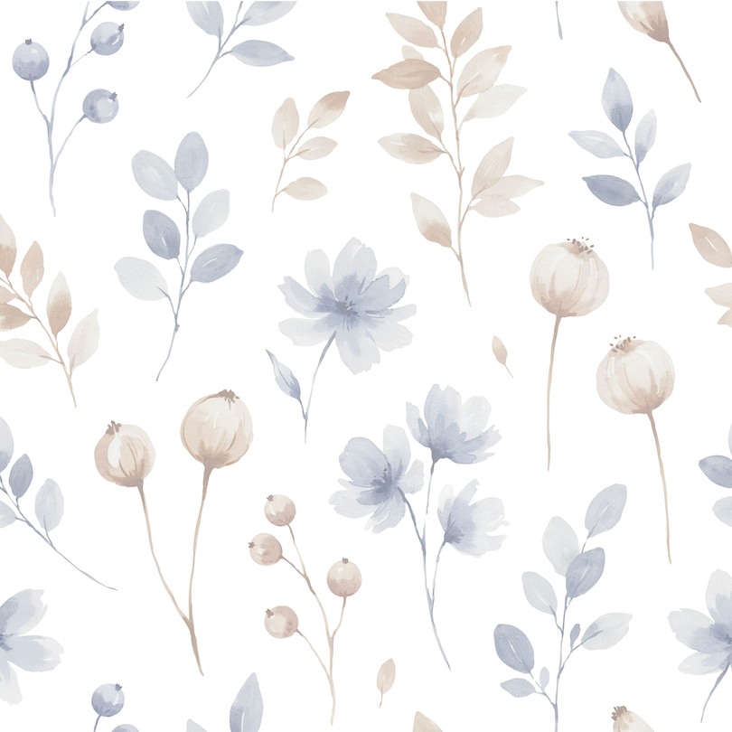 Floral pattern with light blue and beige flowers on a white background