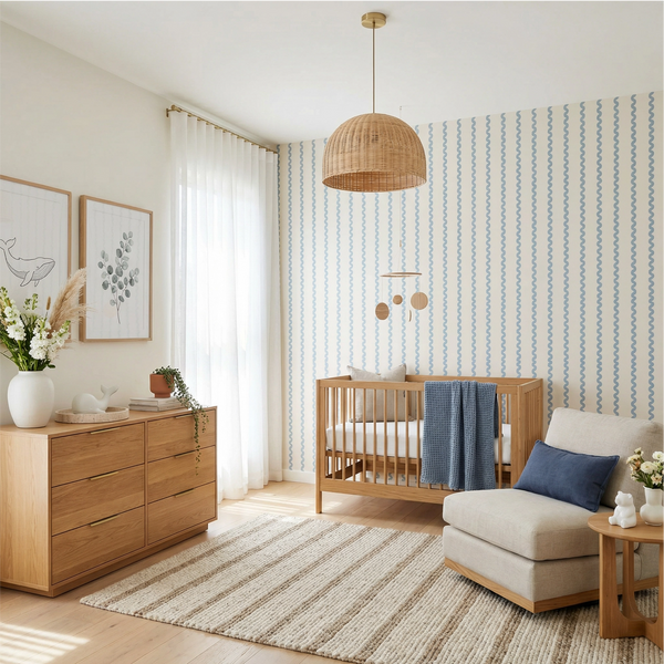 Nursery room with wooden crib, dresser, and decorative elements.