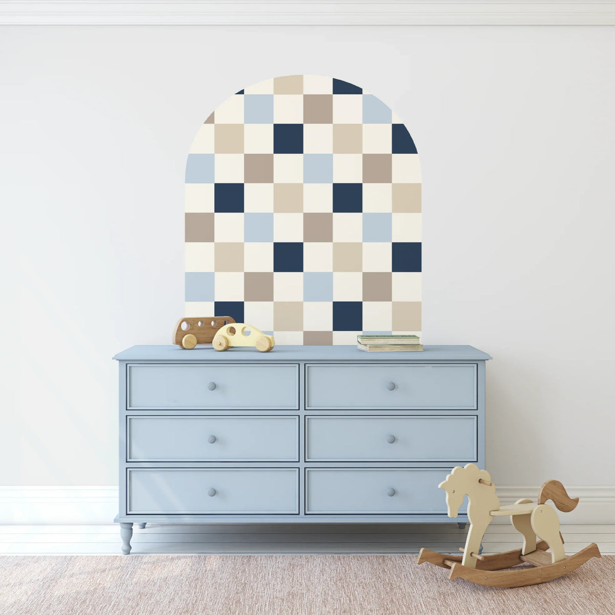 Blue checkers arch decal above a pale blue dresser