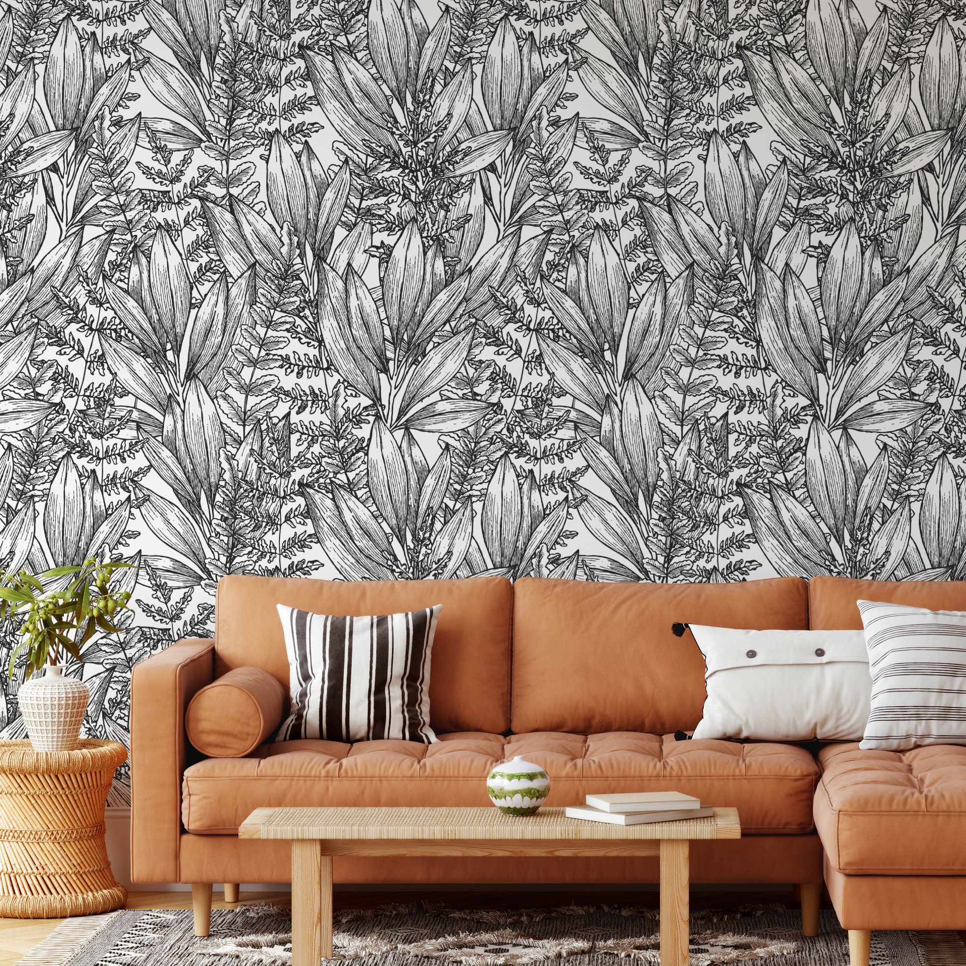 Botanical Black Foliage Leaves Tropical Wallpaper Mural