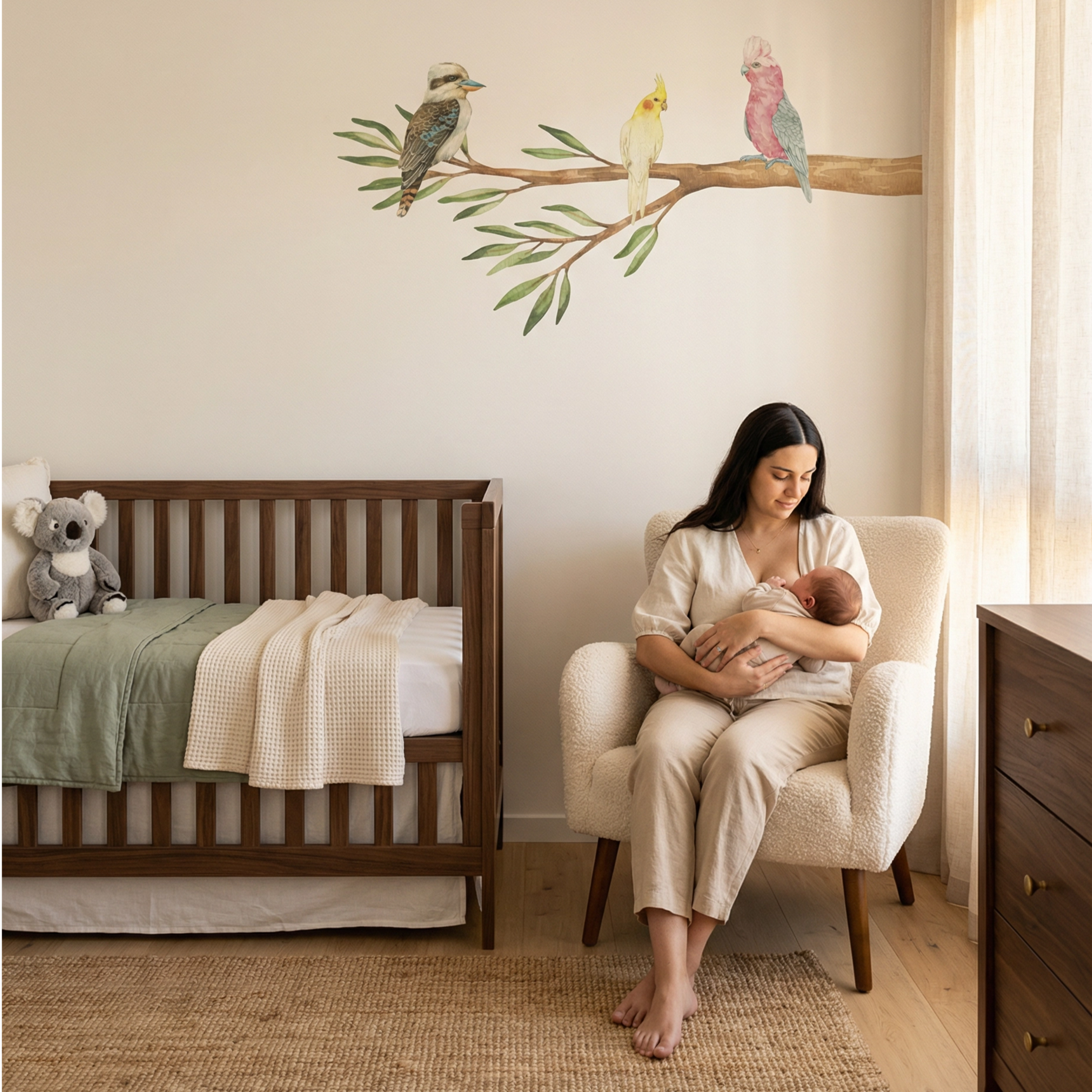 Woman holding a baby in a nursery with a crib and wall art of birds.