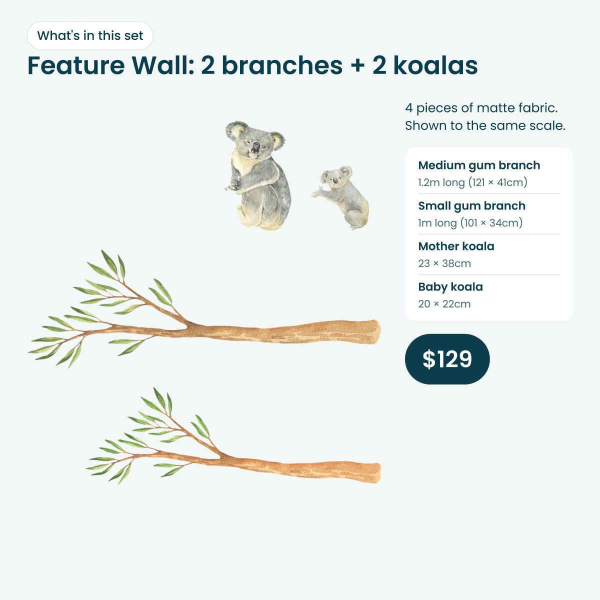 What's in the Feature Wall set: 2 gum branches and 2 koalas laid out