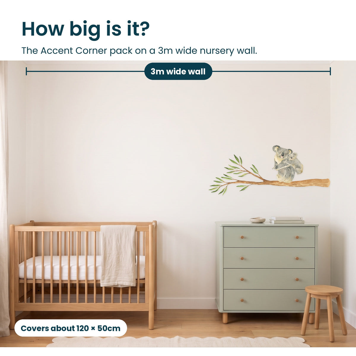 How big is the Branch and Koalas Accent Corner pack on a 3m wide nursery wall