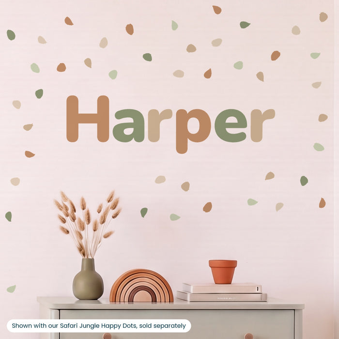 Personalised bubble name wall decal Harper, Large 80cm wide, in Safari Jungle colours above a sage dresser with matching Safari Jungle Happy Dots
