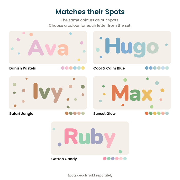 Bubble name decals in the five Spots colourways: Danish Pastels, Cool & Calm Blue, Safari Jungle, Sunset Glow, Cotton Candy