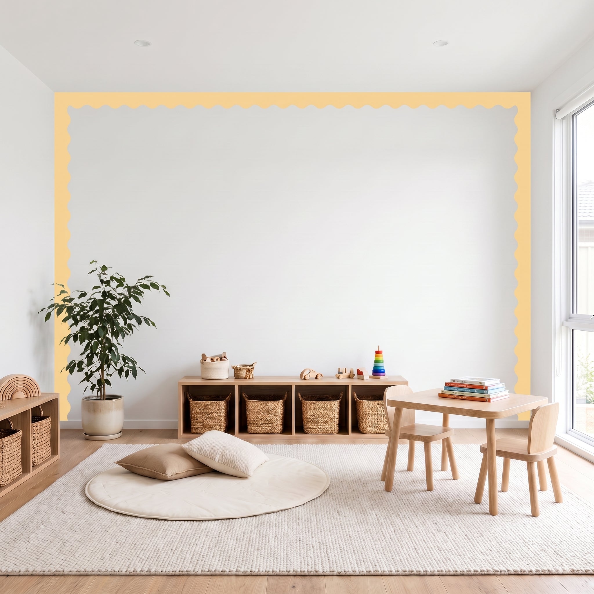 Children's playroom with wooden furniture, toys, and a large mirror on the wall.