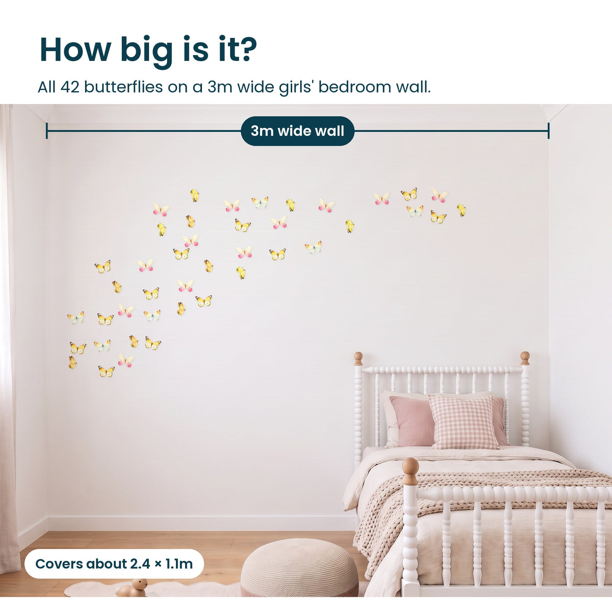 How big are the 42 butterfly decals on a 3m wall