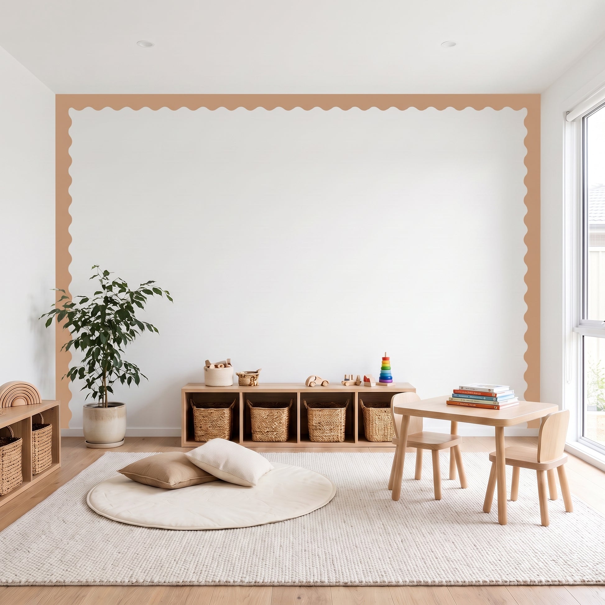 Children's playroom with wooden furniture, toys, and a large mirror on the wall.