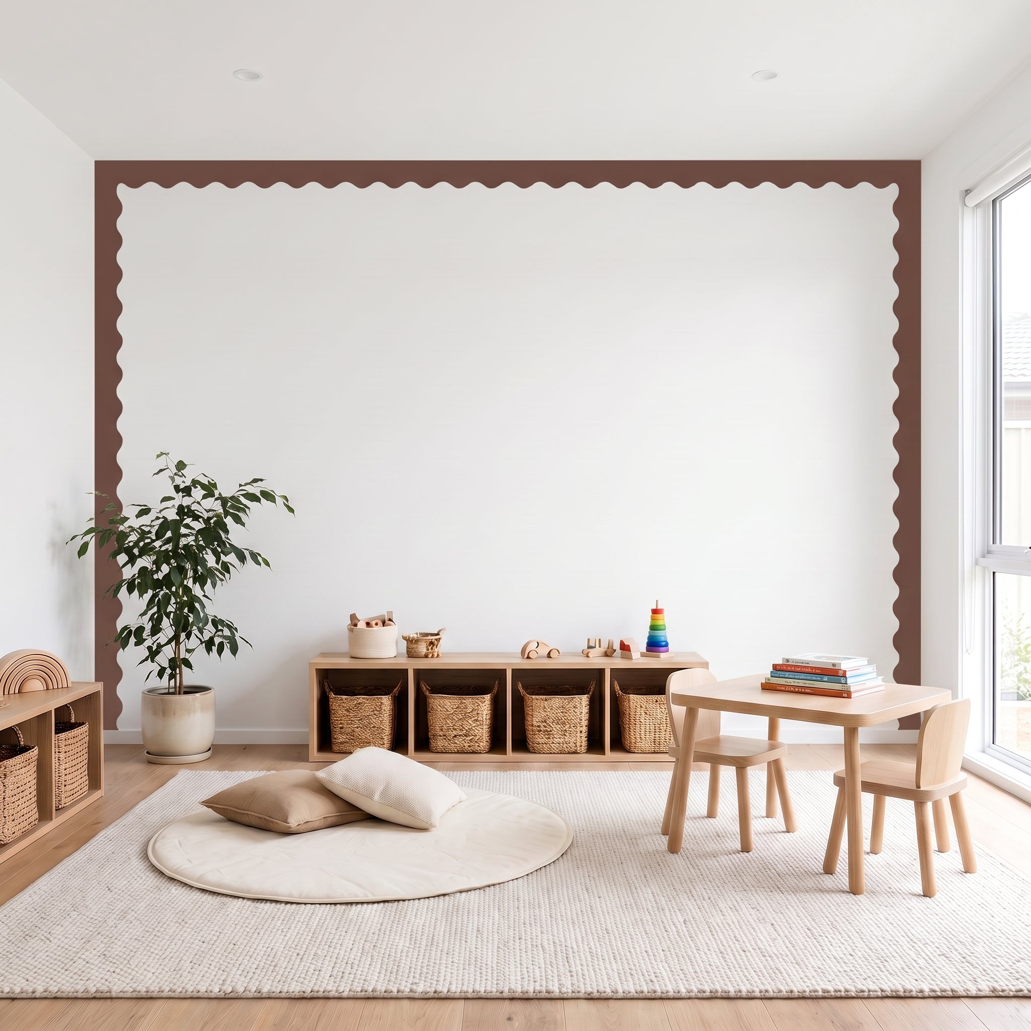 Children's playroom with wooden furniture, toys, and a large mirror on the wall.
