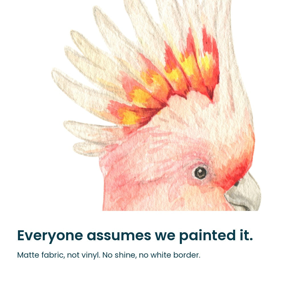 Close-up of the watercolour pink cockatoo decal