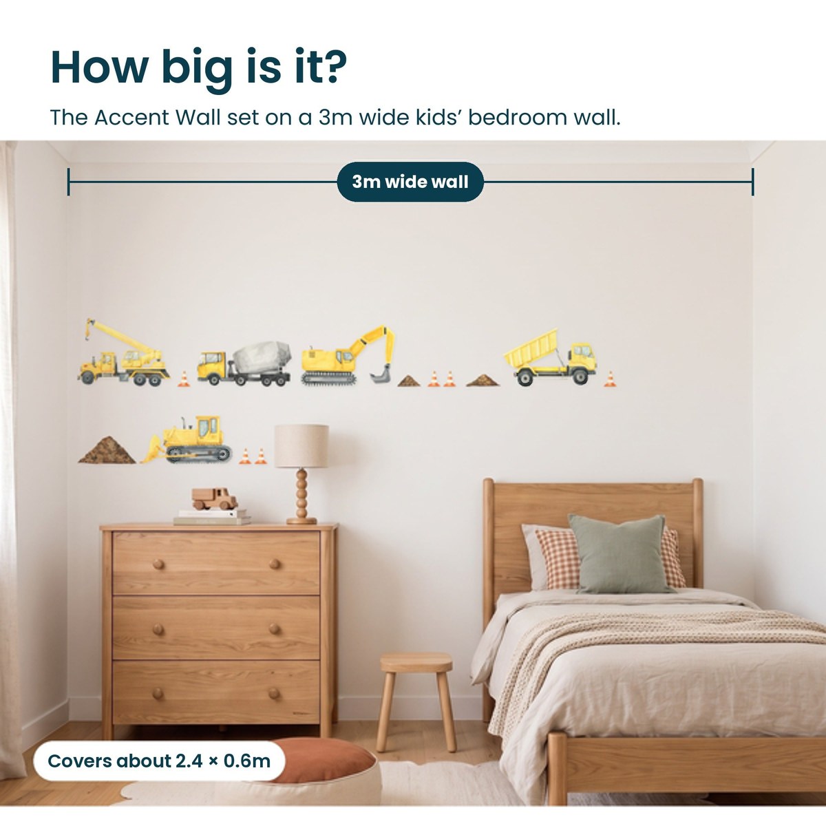 How big is the Construction Accent Wall set on a 3m wide kids bedroom wall