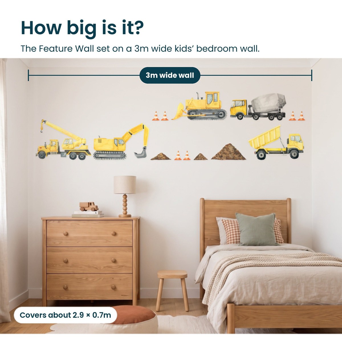 How big is the Construction Feature Wall set on a 3m wide kids bedroom wall