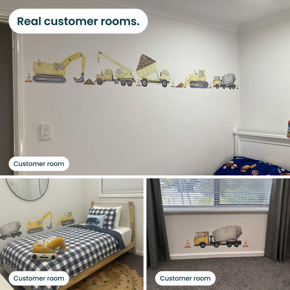 Customer photos of construction vehicle decals in real kids' rooms