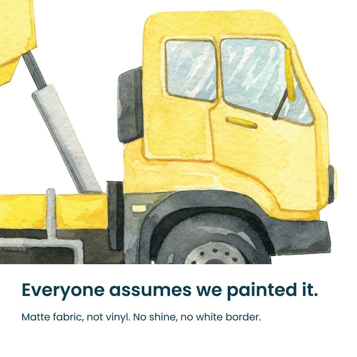 Close-up of the hand-painted watercolour detail on a construction truck decal