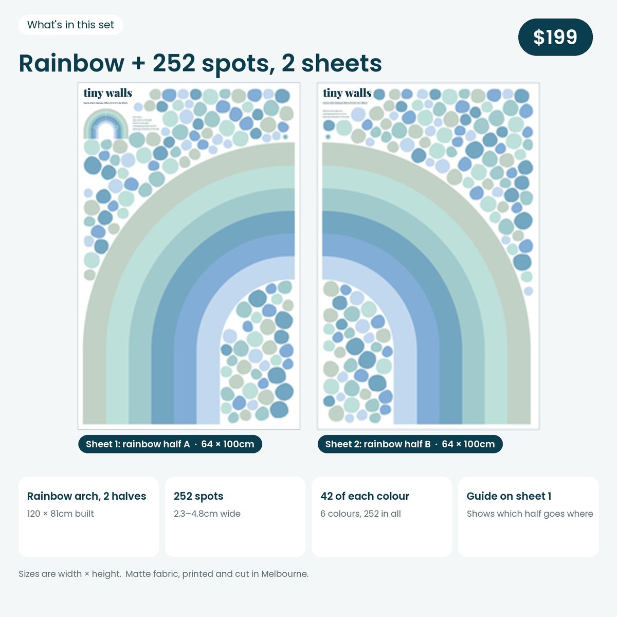What is in the Cool & Calm rainbow set: two 64 x 100cm sheets
