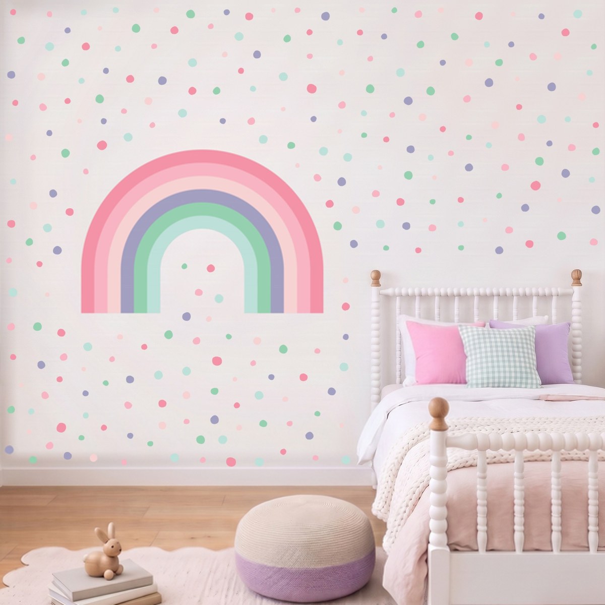 Cotton Candy rainbow wall decal with 252 spots on a kids' bedroom wall