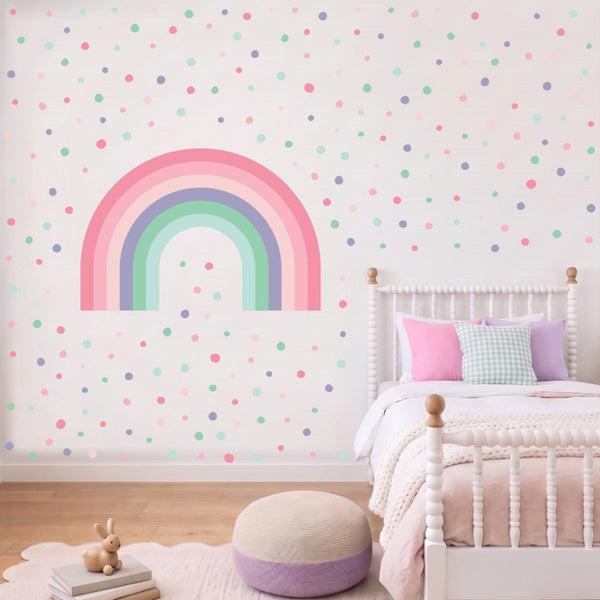 Cotton Candy rainbow wall decal with 252 spots on a kids' bedroom wall