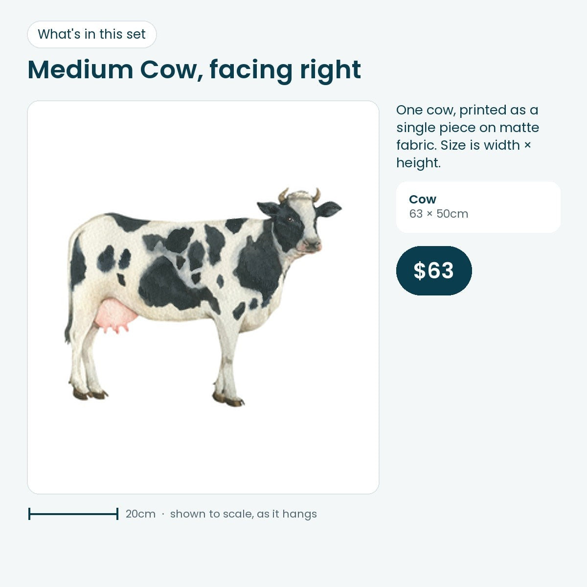 Medium cow decal facing right, 63 × 50cm