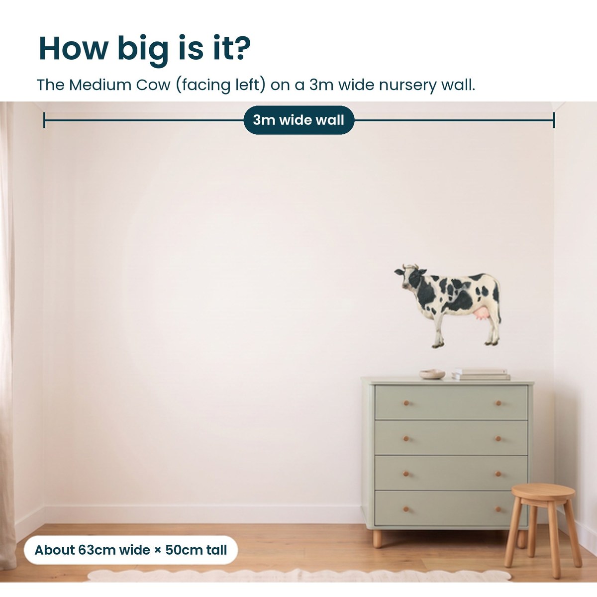 Medium cow facing left on a 3m nursery wall