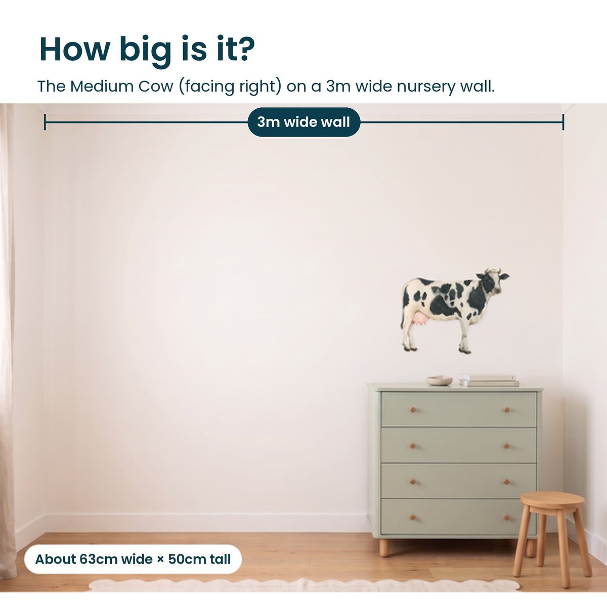 Medium cow facing right on a 3m nursery wall