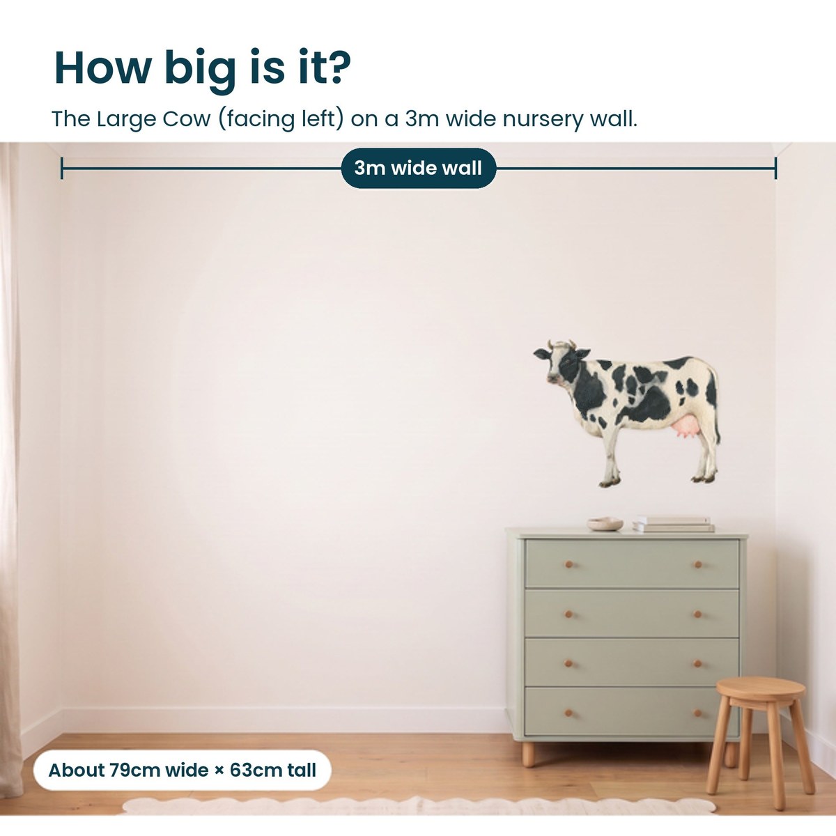 Large cow facing left on a 3m nursery wall