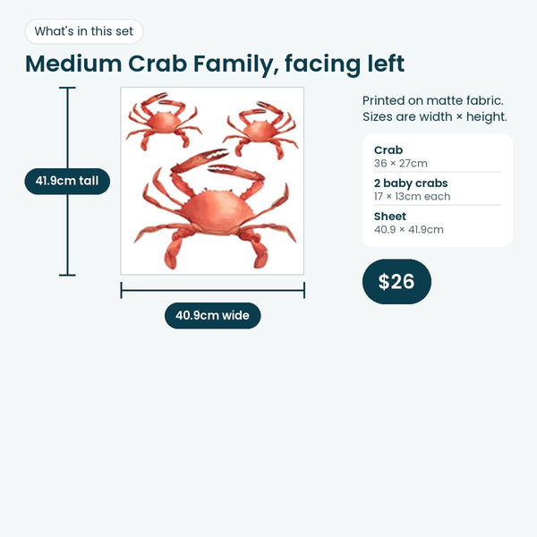 Medium crab family print sheet facing left, crab 36 × 27cm and two baby crabs 17 × 13cm