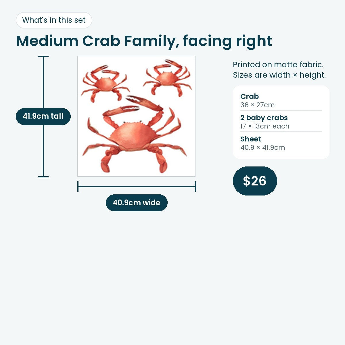 Medium crab family print sheet facing right, crab 36 × 27cm and two baby crabs 17 × 13cm