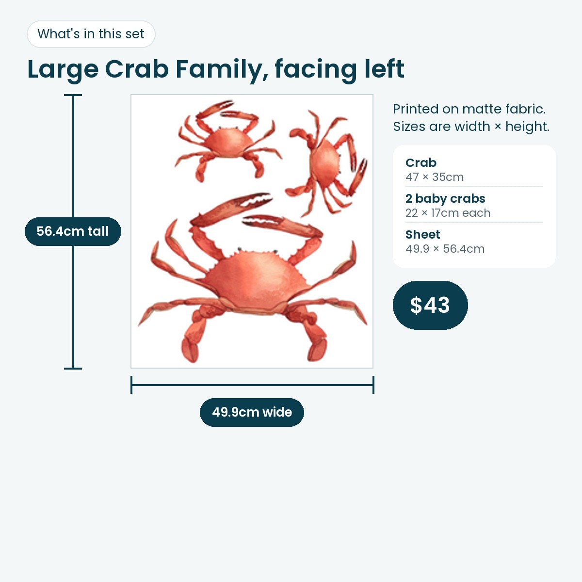 Large crab family print sheet facing left, crab 47 × 35cm and two baby crabs 22 × 17cm