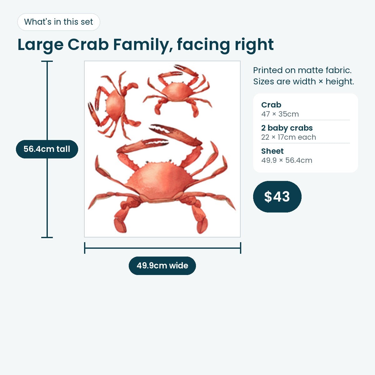 Large crab family print sheet facing right, crab 47 × 35cm and two baby crabs 22 × 17cm