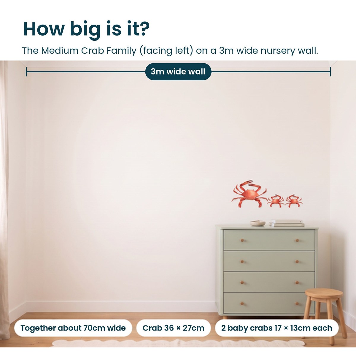 Medium crab family facing left shown to scale on a 3m nursery wall