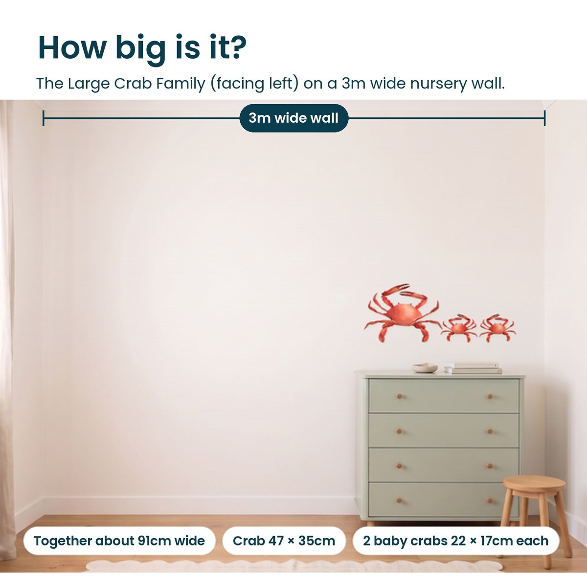 Large crab family facing left shown to scale on a 3m nursery wall