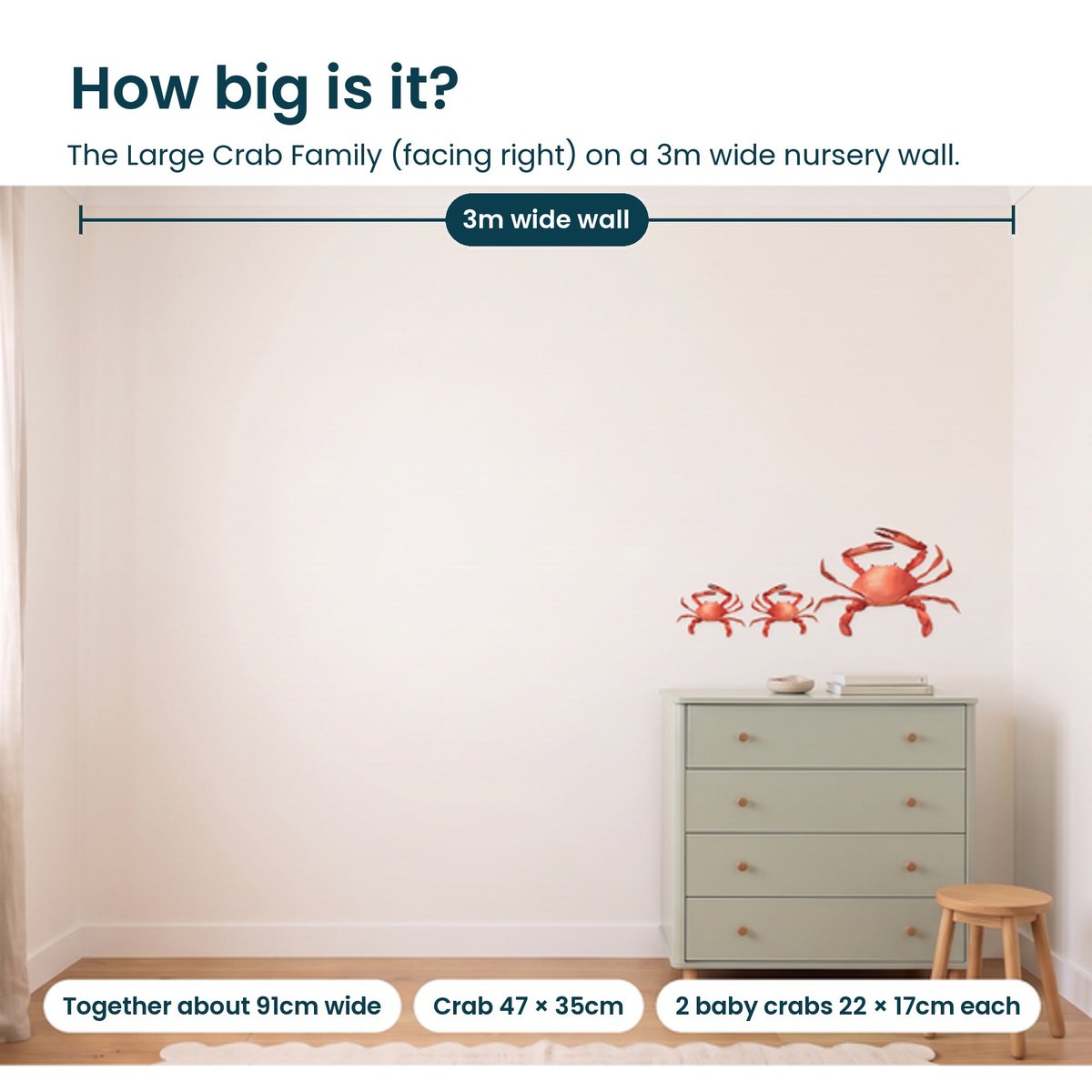Large crab family facing right shown to scale on a 3m nursery wall