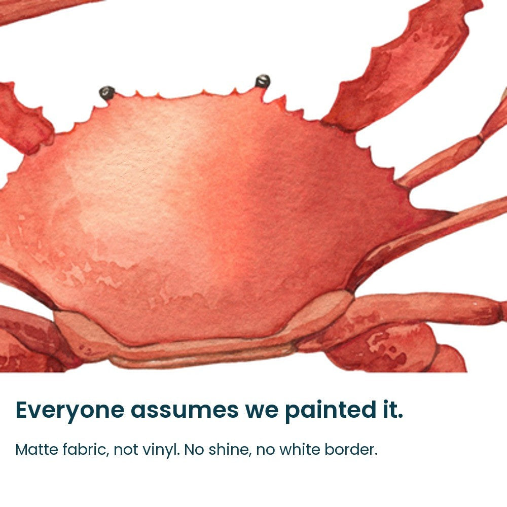 Close-up of the hand-painted watercolour crab shell on matte fabric