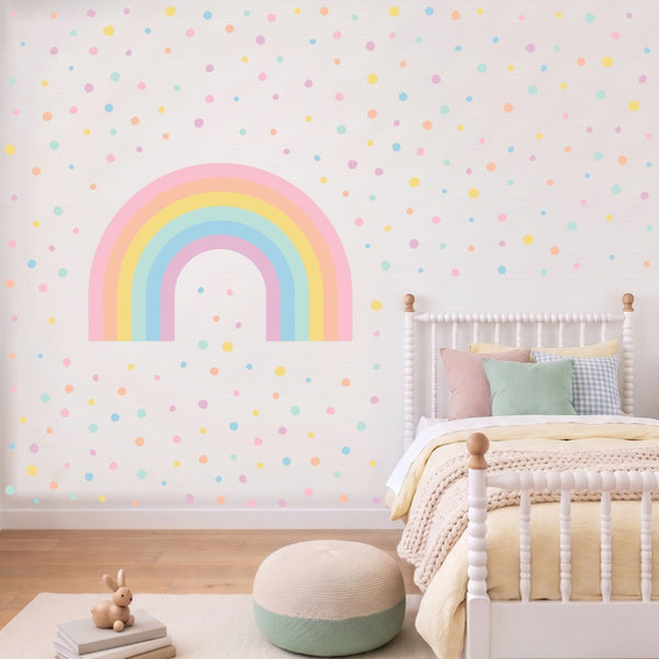 Danish Pastels rainbow wall decal with 252 spots on a kids' bedroom wall