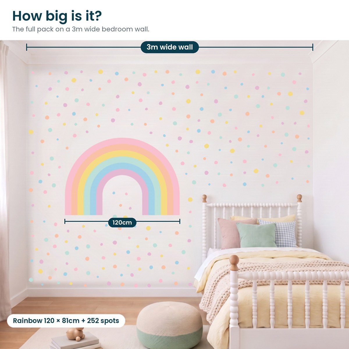 Danish Pastels rainbow decal size: 120cm wide on a 3m wall