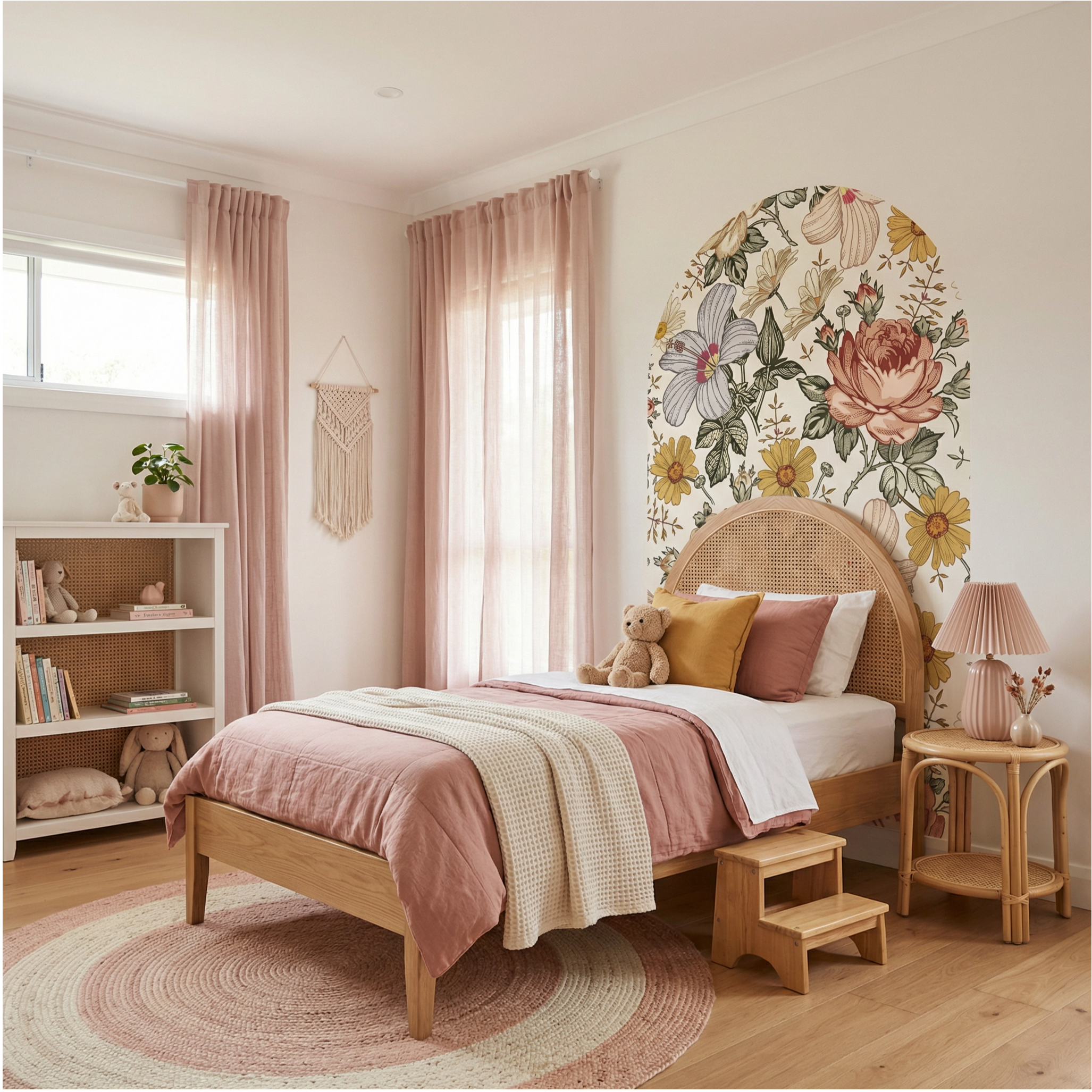 Children's bedroom with floral wall art, wooden bed, and teddy bear.