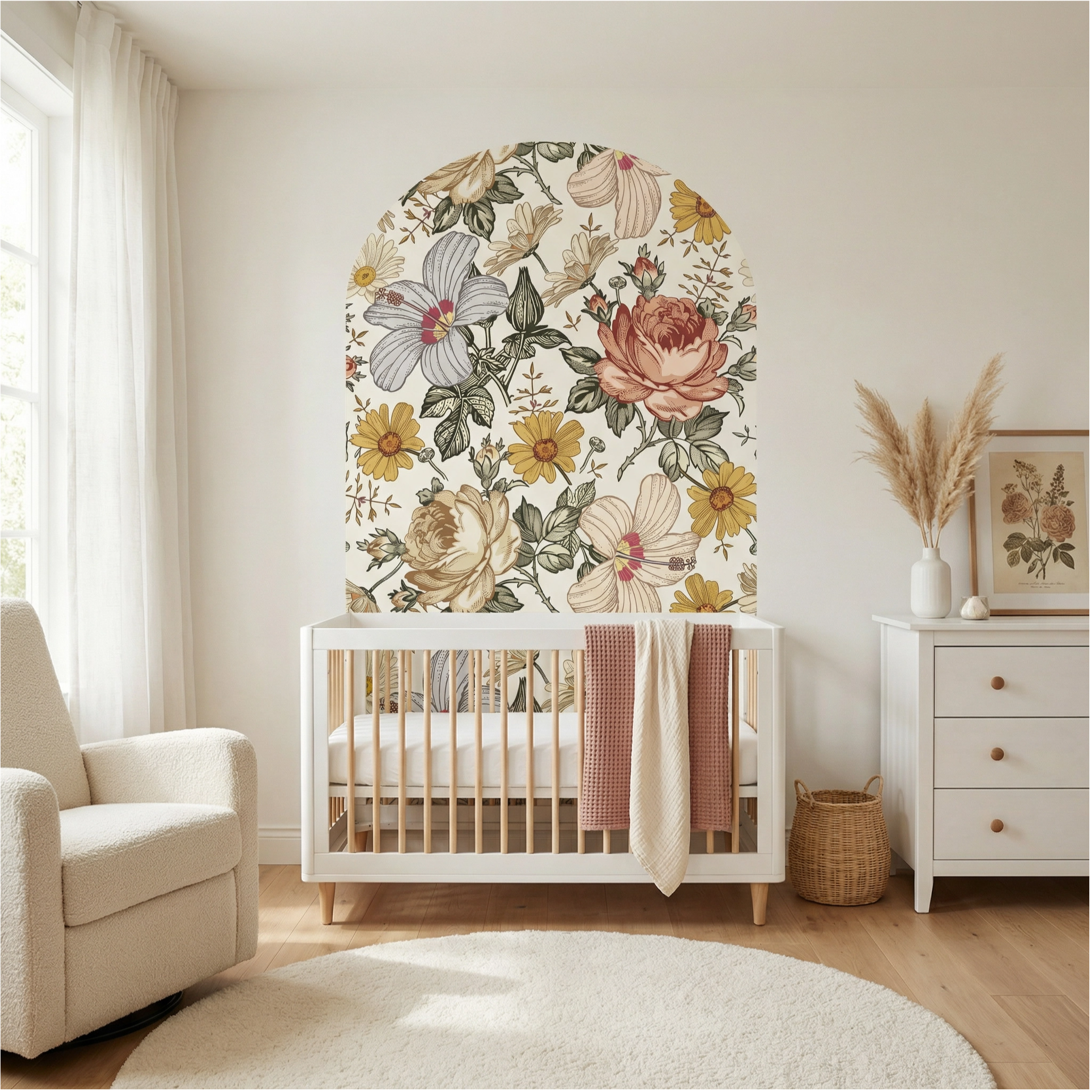Nursery room with floral wall mural, crib, and armchair.