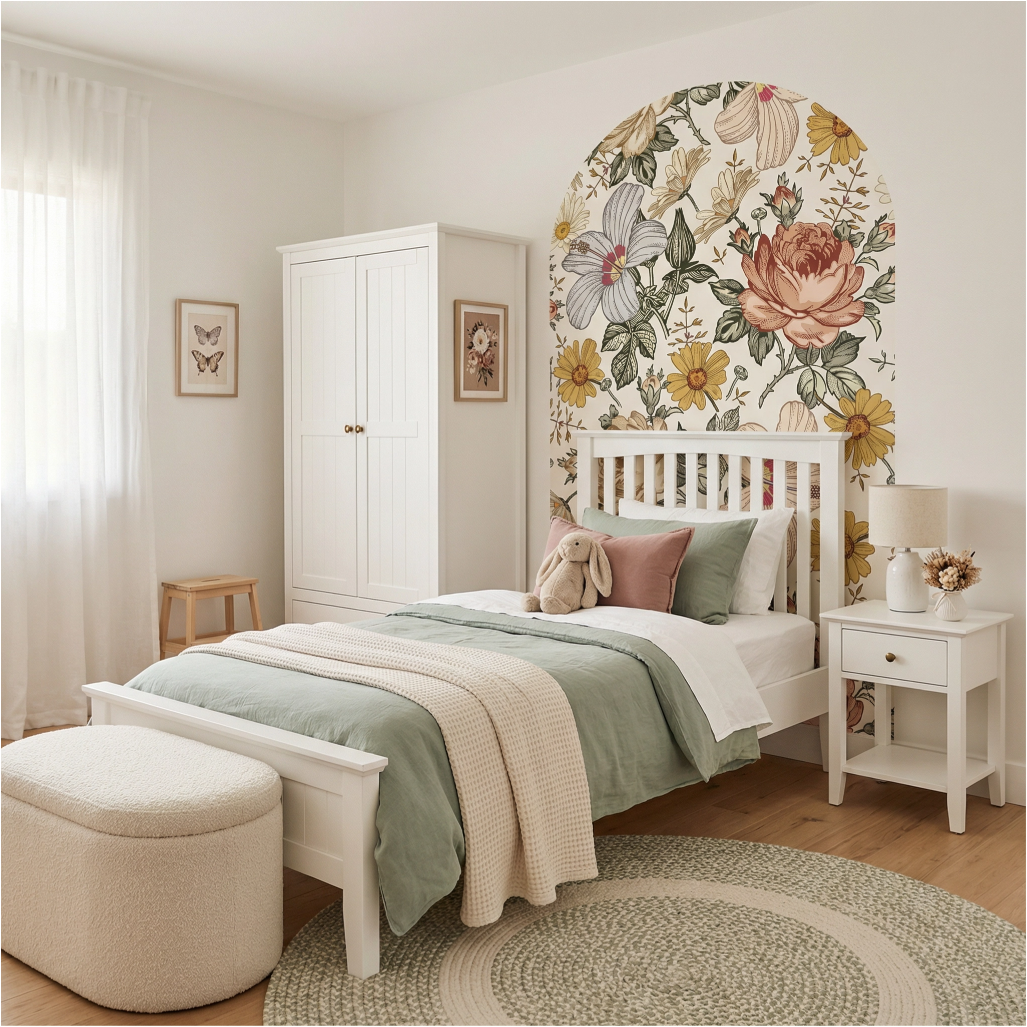 Bedroom with floral wall art, white bed, and wooden floor.