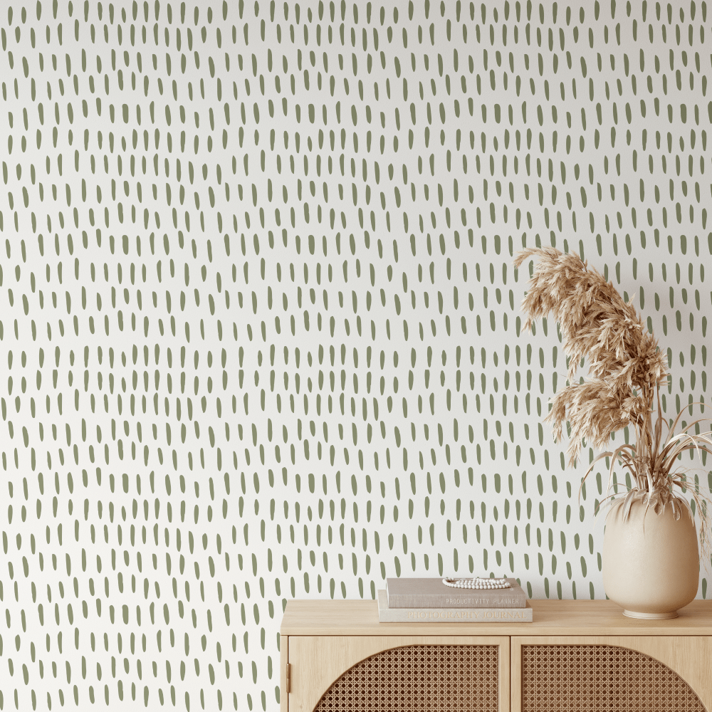 Moss Green Dash Lines Minimalist Scandi Wallpaper