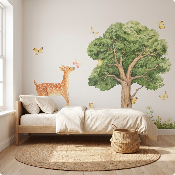 A styled children's bedroom with a large wall mural of a green tree, a spotted fawn, butterflies and daisies on a light wall. The room has a wooden bed with cream bedding, a round jute rug, a woven basket and light wood flooring, with soft light from an adjacent window.