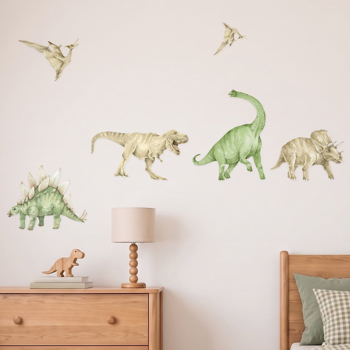 Dinosaur wall decals T-Rex brachiosaurus triceratops stegosaurus pterodactyls in a styled boys bedroom