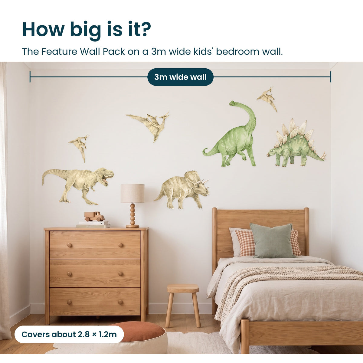 How big is the Dinosaur Feature Wall Pack on a 3m wide kids bedroom wall