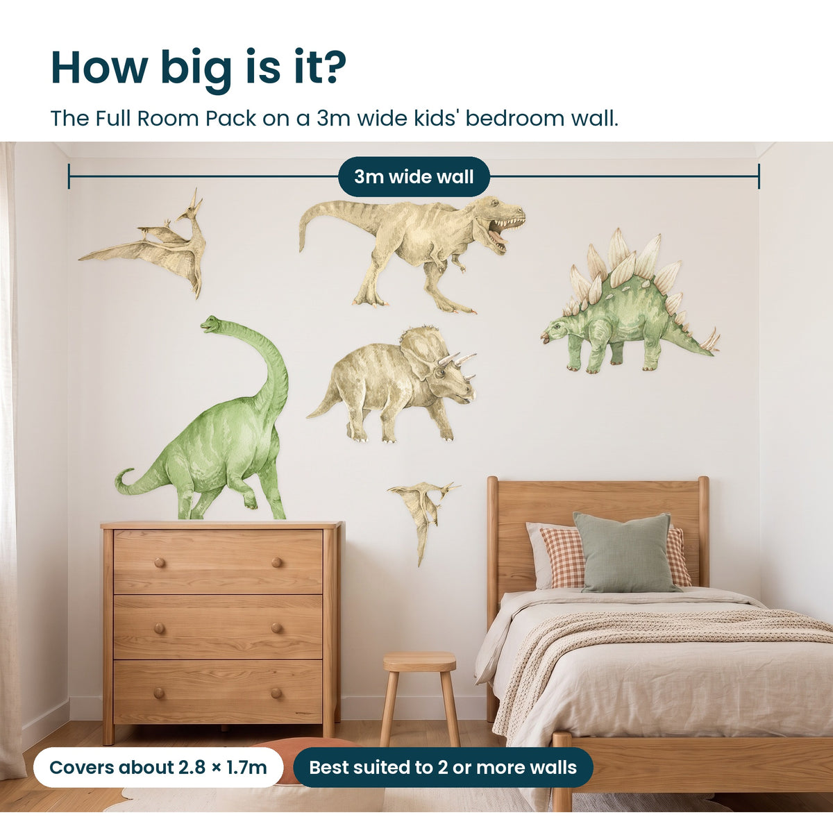 How big is the Dinosaur Full Room Pack on a 3m wide kids bedroom wall
