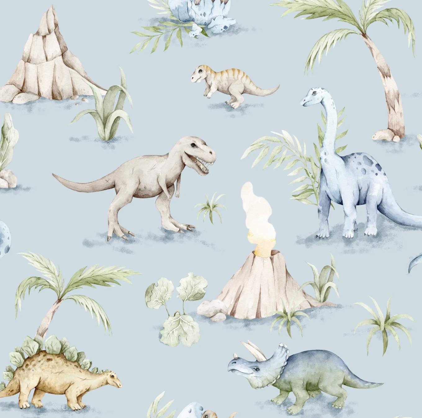 Pattern of dinosaurs and volcanic elements on a light blue background