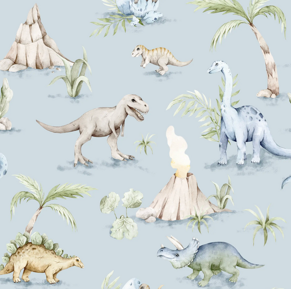 Pattern of dinosaurs and volcanic elements on a light blue background