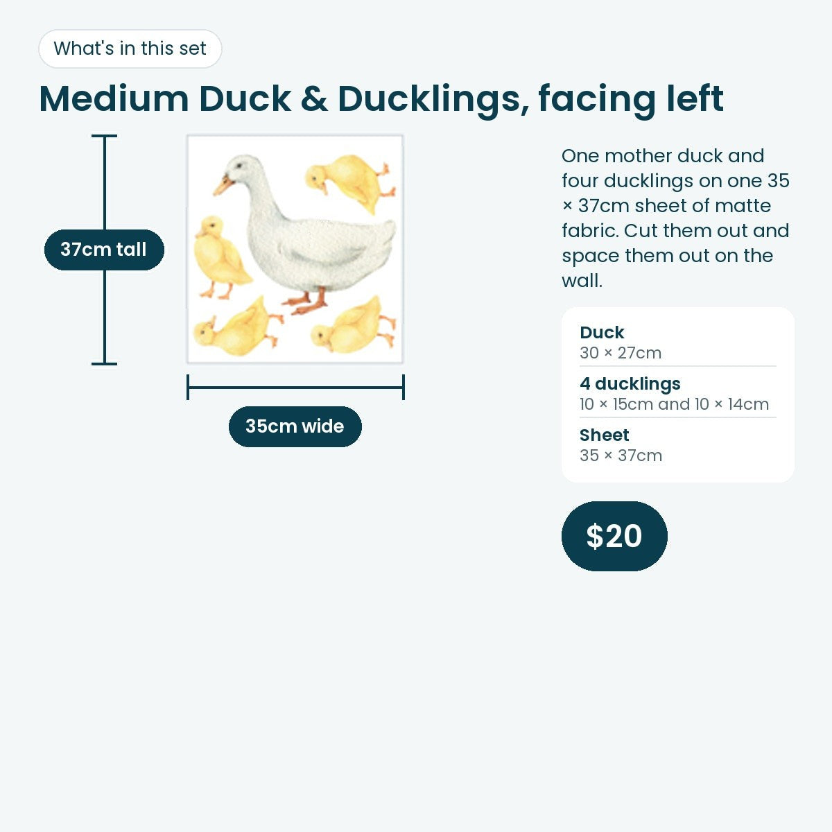 Medium duck and four ducklings facing left on one 35 × 37cm sheet: duck 30 × 27cm, ducklings 10 × 15cm and 10 × 14cm