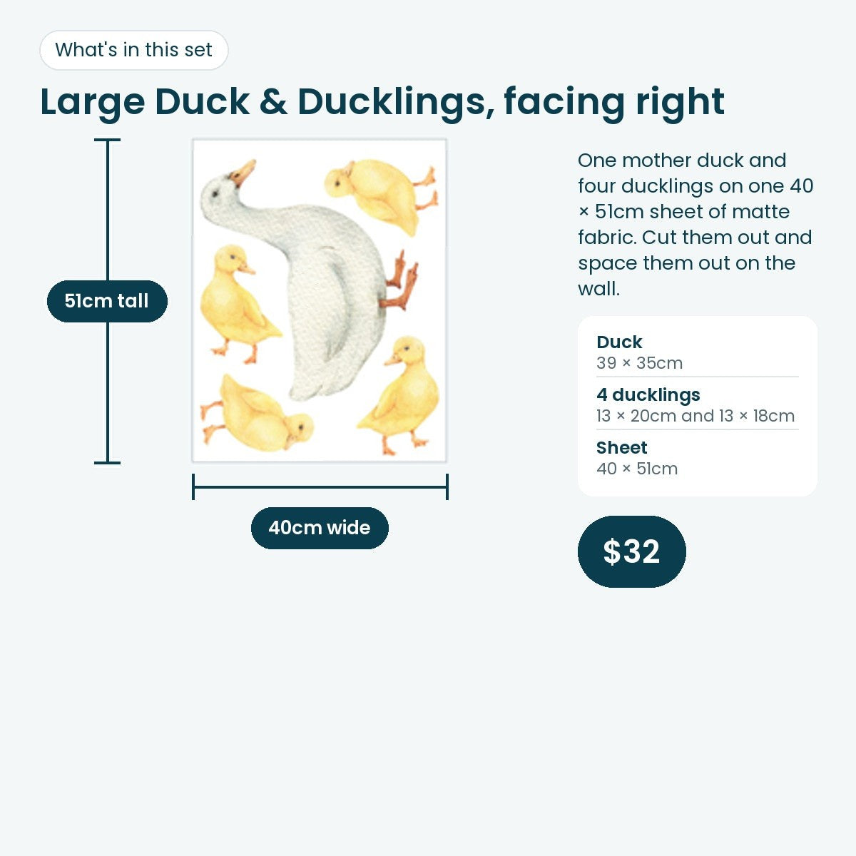 Large duck and four ducklings facing right on one 40 × 51cm sheet: duck 39 × 35cm, ducklings 13 × 20cm and 13 × 18cm