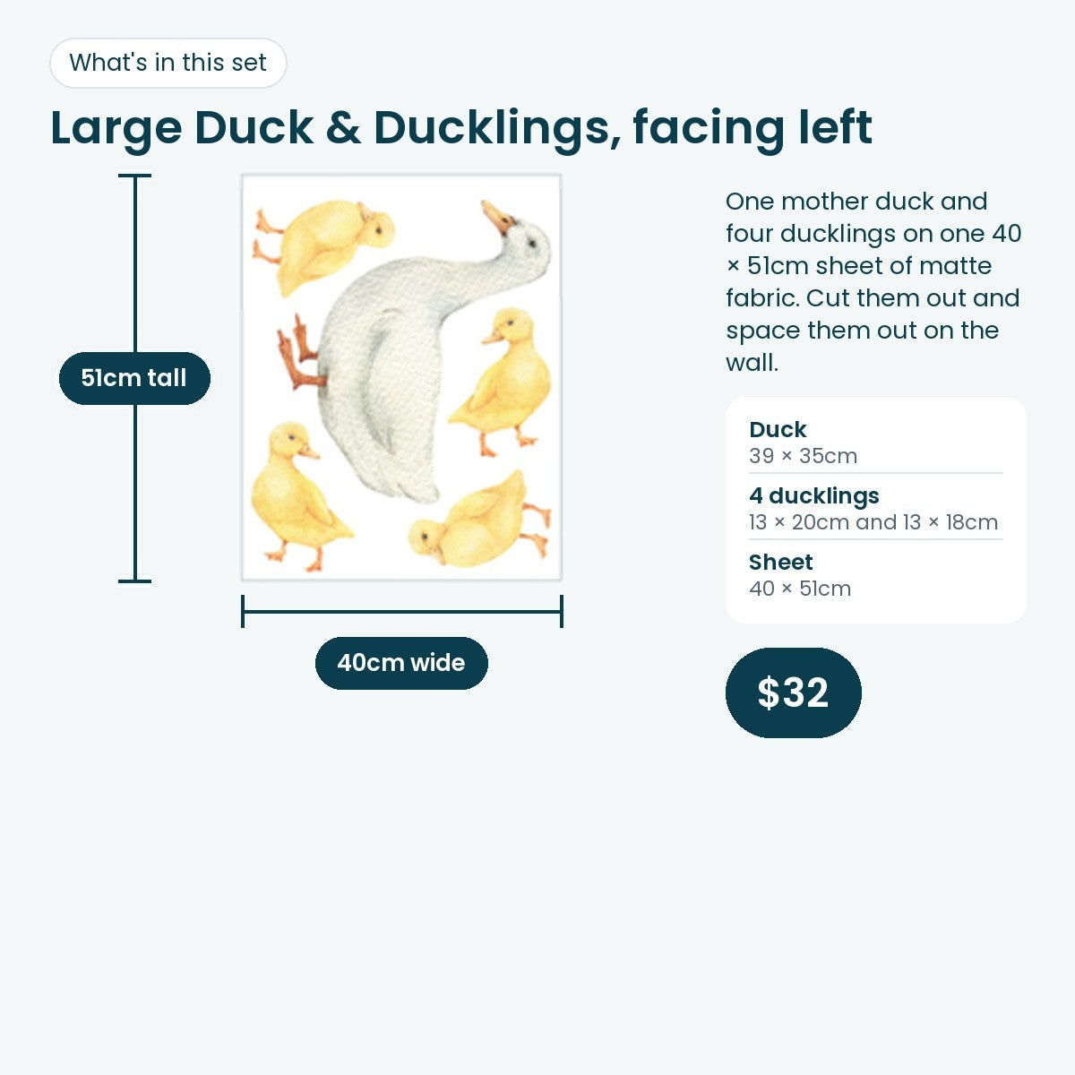 Large duck and four ducklings facing left on one 40 × 51cm sheet: duck 39 × 35cm, ducklings 13 × 20cm and 13 × 18cm
