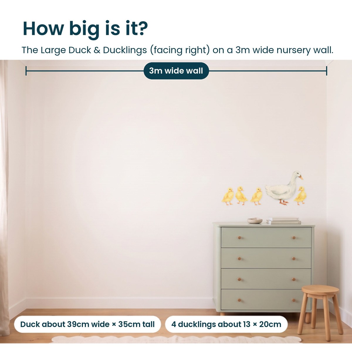 Large duck and four ducklings facing right shown to scale on a 3m nursery wall